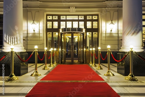 Luxurious hotel entrance with golden revolving door, red carpet, and elegant lighting. photo