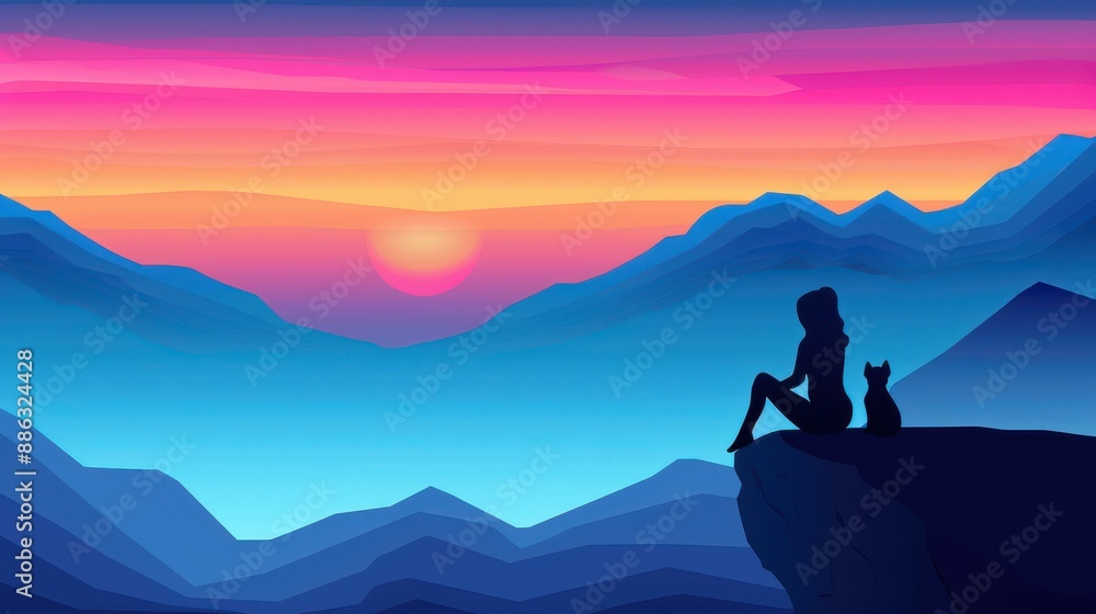 Serene scene Woman sits with dog on cliff overlooking lake, admiring sunset over mountains. Traveler enjoys outdoor adventure. Serene scene Woman sits with dog on cliff overlooking lake, admiring sunset over mountains. Traveler enjoys outdoor adventure.