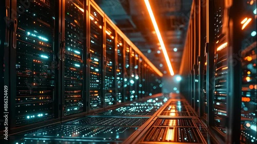 Futuristic Data Center with Glowing Servers