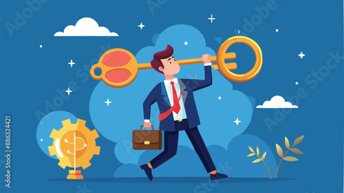 Unlocking True Potential: Businessman Using Golden Key to Access Brain's Hidden Abilities
