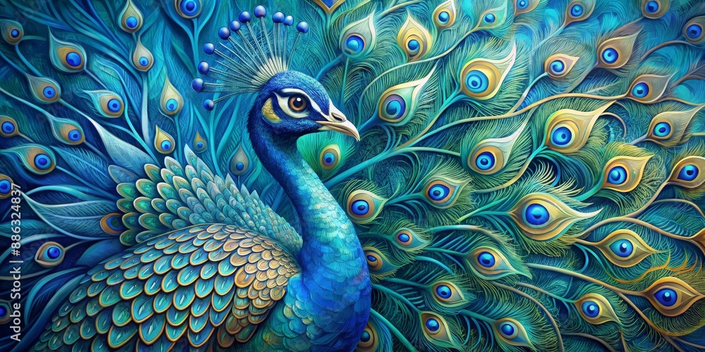 Fototapeta premium Abstract blue peacock with intricate patterns and vibrant colors, abstract, blue, peacock, vibrant, colors, feathers, pattern