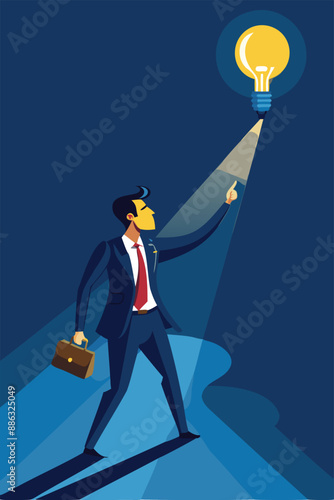 Smart Businessman Holding Glowing Lightbulb, Illuminating Path for Colleague Lost in the Dark, Symbolizing Creativity and Problem-Solving