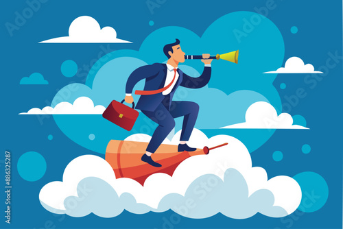 Visionary businessman riding high cloud, searching for business opportunities with telescope, demonstrating leadership and strategic thinking