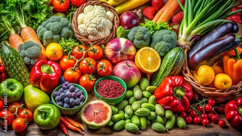 Fresh raw vegetables and fruits in a vibrant and colorful display, healthy, organic, produce, market, farm, natural, nutrition