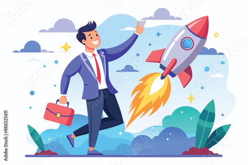 Venture Capital Funding: Confident Businessman Launches Startup Rocket with Supporter's Hand