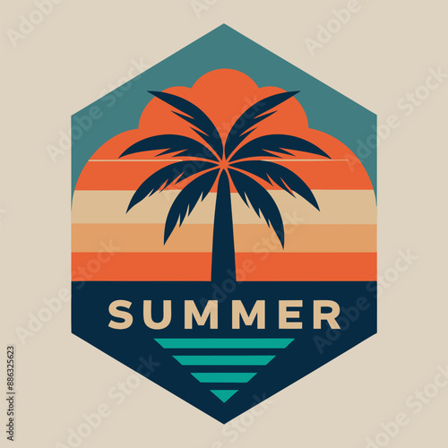 Summer Paradise Vintage logo with palm and sunset for your logo or thsirt design photo