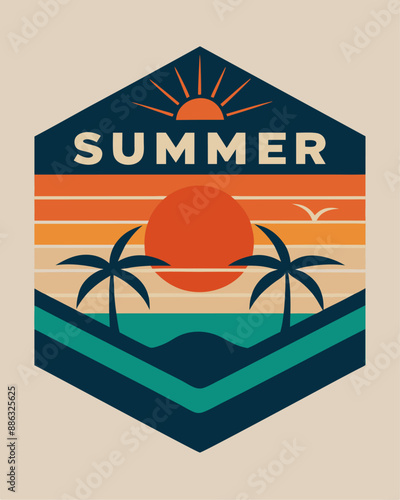 Summer Paradise Vintage logo with palm and sunset for your logo or thsirt design