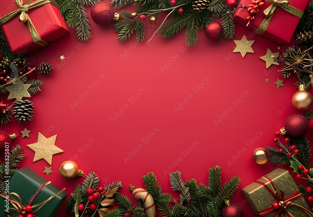 Red Christmas Background with Festive Decorations Red Christmas Background with Festive Decorations