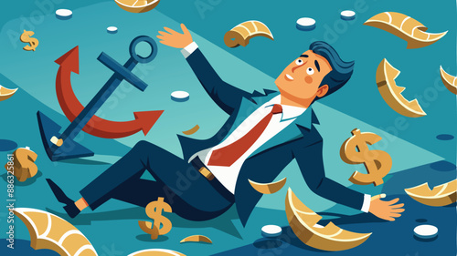 Sunk Cost Fallacy: Businessman Drowning with Anchor of Sinking Dollar Bills