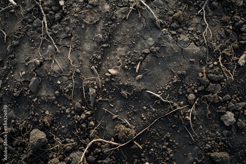 Detailed view of dark, gritty soil with scattered roots and rocks, Dark, gritty soil with scattered roots and rocks Detailed view of dark, gritty soil with scattered roots and rocks, Dark, gritty soil with scattered roots and rocks