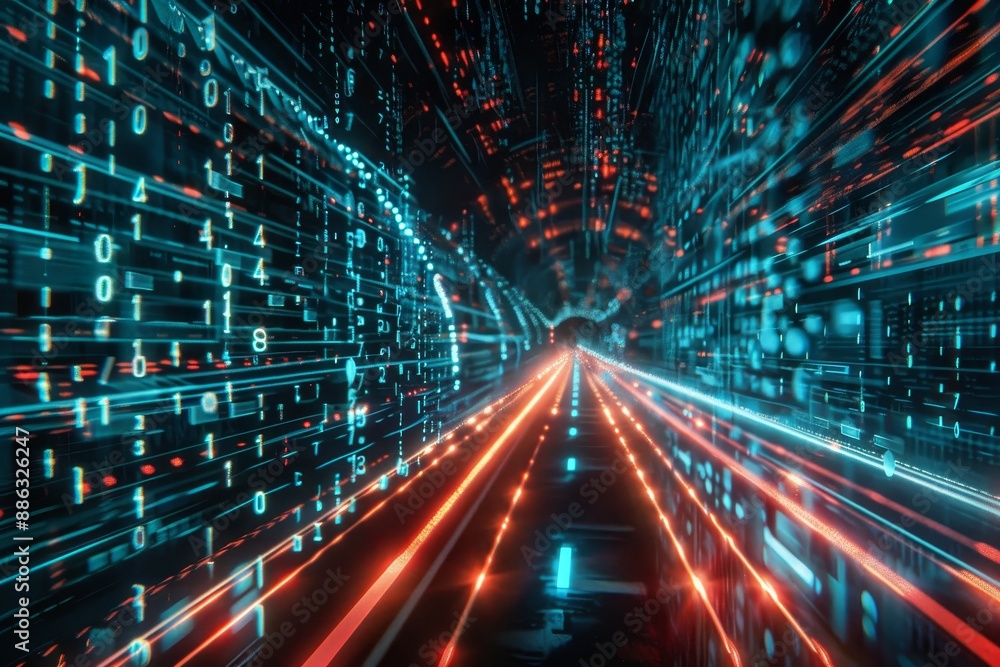 Data packets racing down a virtual highway in a futuristic tunnel filled with digital lines, Data packets racing down a virtual highway Data packets racing down a virtual highway in a futuristic tunnel filled with digital lines, Data packets racing down a virtual highway