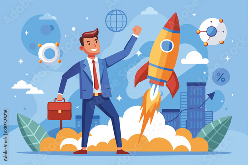Venture Capital Funding: Confident Businessman Launches Startup Rocket with Supporter's Hand