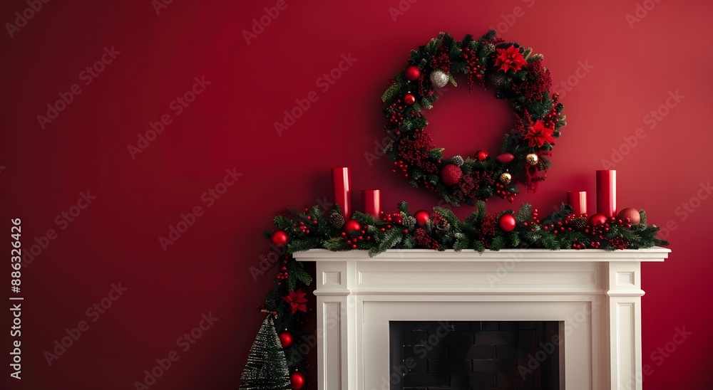 Fototapeta premium Christmas Fireplace Decor with Wreath and Garland