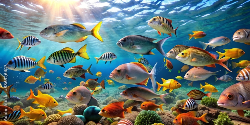 Fototapeta premium Beautiful sea creatures searching for food in the water, sea, beauty, ocean, underwater, sea life, marine, creatures, searching