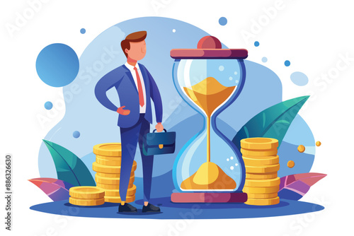 Smart Businessman Investing Time in Sandglass, Transforming It into Profitable Money Returns and Retirement Pension Fund