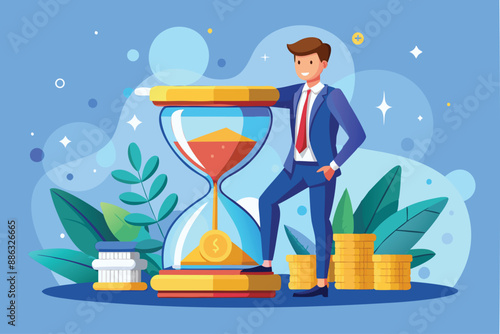 Smart Businessman Investing Time in Sandglass, Transforming It into Profitable Money Returns and Retirement Pension Fund