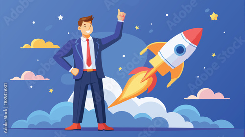 Venture Capital Funding: Confident Businessman Launches Startup Rocket with Supporter's Hand