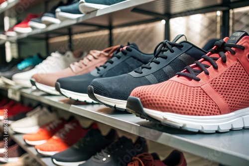 A rack of shoes with a red pair in the middle