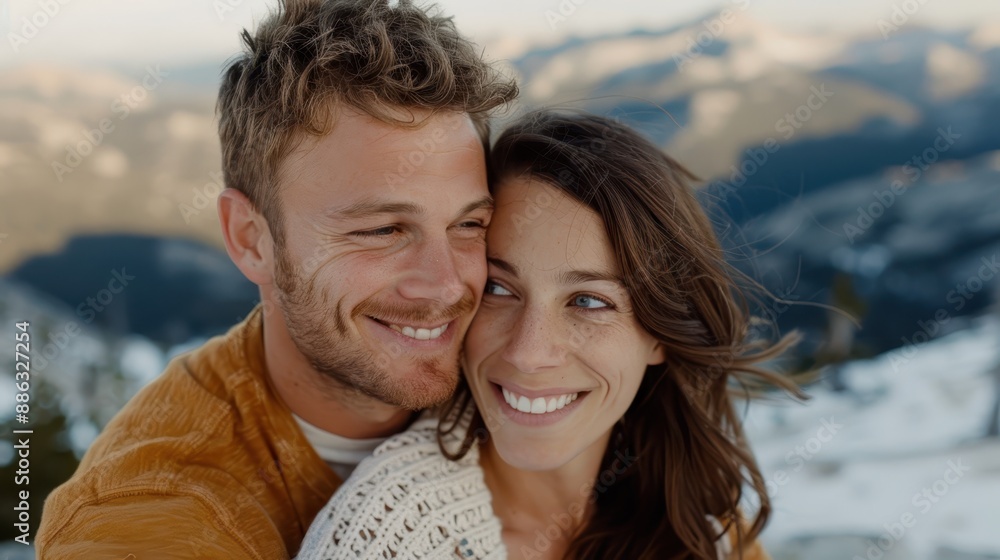 A happy couple embraces lovingly, with a breathtaking mountain landscape in the background, exuding warmth, romance, and the beauty of a shared moment in nature. A happy couple embraces lovingly, with a breathtaking mountain landscape in the background, exuding warmth, romance, and the beauty of a shared moment in nature.