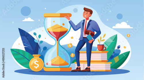 Smart Businessman Investing Time in Sandglass, Transforming It into Profitable Money Returns and Retirement Pension Fund