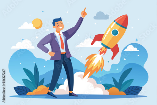 Venture Capital Funding: Confident Businessman Launches Startup Rocket with Supporter's Hand