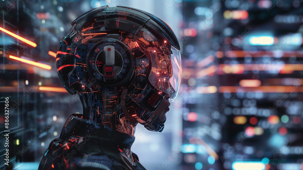 Cybernetic human head with advanced technology and glowing interfaces in a futuristic setting. Cybernetic human head with advanced technology and glowing interfaces in a futuristic setting.