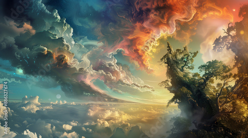 A fantastical landscape painting where the sky is filled with swirling colors and imaginary creatures.