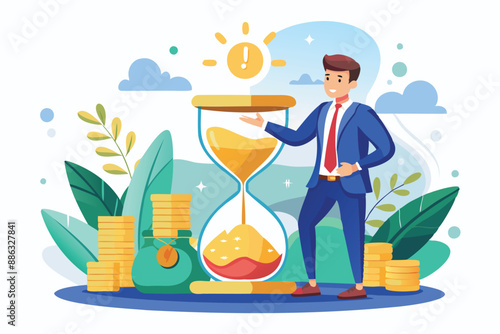 Smart Businessman Investing Time in Sandglass, Transforming It into Profitable Money Returns and Retirement Pension Fund