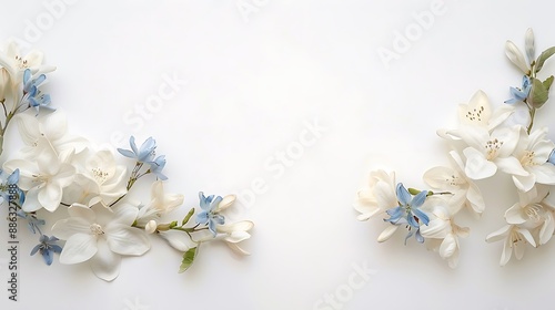 Mother's Day jasmine garland on a plain white background, fully visible with white and blue hues, intricately crafted with jasmine flowers and blue accents, leaving ample space for text © Darunee