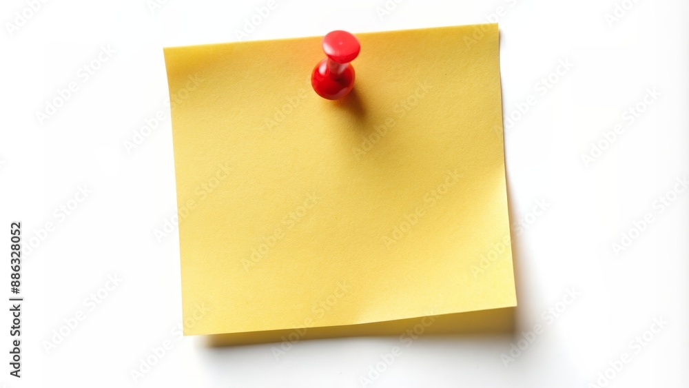 Yellow note paper with red pin on white background, yellow, note paper, red pin, office supplies Yellow note paper with red pin on white background, yellow, note paper, red pin, office supplies