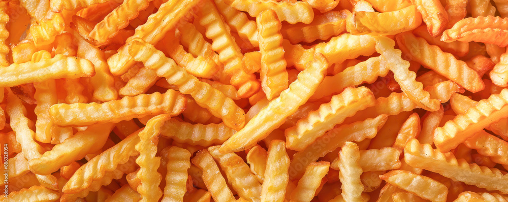 Banner with crispy golden crinkle-cut fries forming a delicious and appetizing pattern. Banner with crispy golden crinkle-cut fries forming a delicious and appetizing pattern.