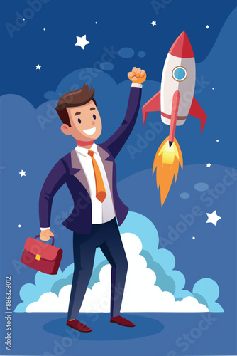 Venture Capital Funding: Confident Businessman Launches Startup Rocket with Supporter's Hand