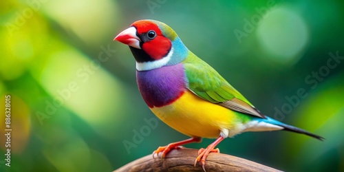 Colorful Gouldian finch with vibrant hues of red, yellow, and green on a soft blurred background, Gouldian finch, bird