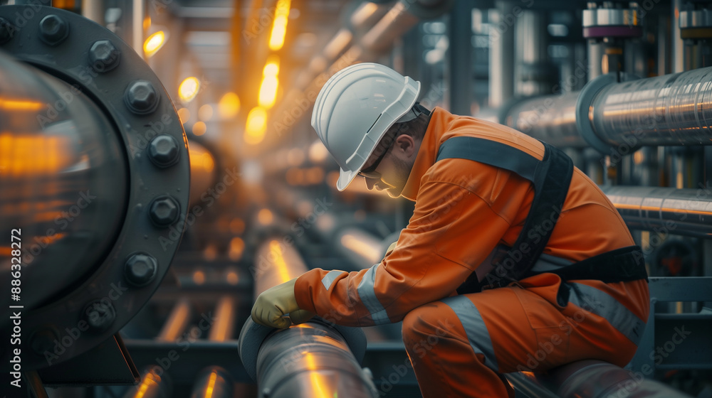 A worker in an orange uniform and white helmet is inspecting gas pipes at an oil production plant, with yellow light reflections on their face. The wide shot was taken with a hyper A worker in an orange uniform and white helmet is inspecting gas pipes at an oil production plant, with yellow light reflections on their face. The wide shot was taken with a hyper