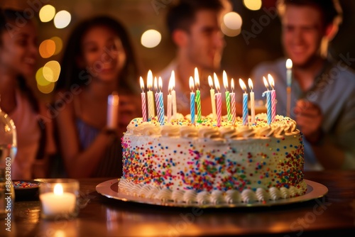 A birthday cake with lit candles is centered in the frame, surrounded by blurred out friends at a birthday party