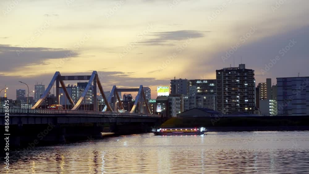 cityscape at dusk with a beautiful sky above. The scene includes a bridge, buildings with lights, and their reflections on a body of water. cityscape at dusk with a beautiful sky above. The scene includes a bridge, buildings with lights, and their reflections on a body of water.