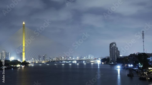 Cinematic time-lapse of the night time traffic on the Chao Praya river in Bangkok. Boats and barges drive up the river while clouds are flowing on the sky. photo