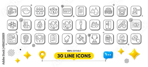 Music phone, Check investment and Positive feedback line icons pack. 3d design elements. Thiamine vitamin, Sulfur mineral, Judge hammer web icon. Vector