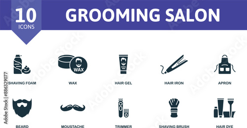 Grooming Salon icon set. Shaving Foam, Wax, Hair Gel, Hair Iron, Apron, Beard, Moustache, Trimmer, Shaving Brush, Hair Dye icons.