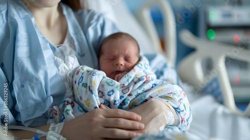 Capturing Precious Moments Mother and New born Baby Boy, Swaddled Comfortably in Hospital Bed with Love and Care