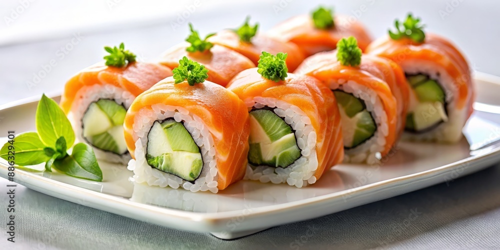 Fresh sushi rolls with sliced salmon and wasabi on a white plate, sushi, salmon, Japanese cuisine, raw fish, seafood Fresh sushi rolls with sliced salmon and wasabi on a white plate, sushi, salmon, Japanese cuisine, raw fish, seafood