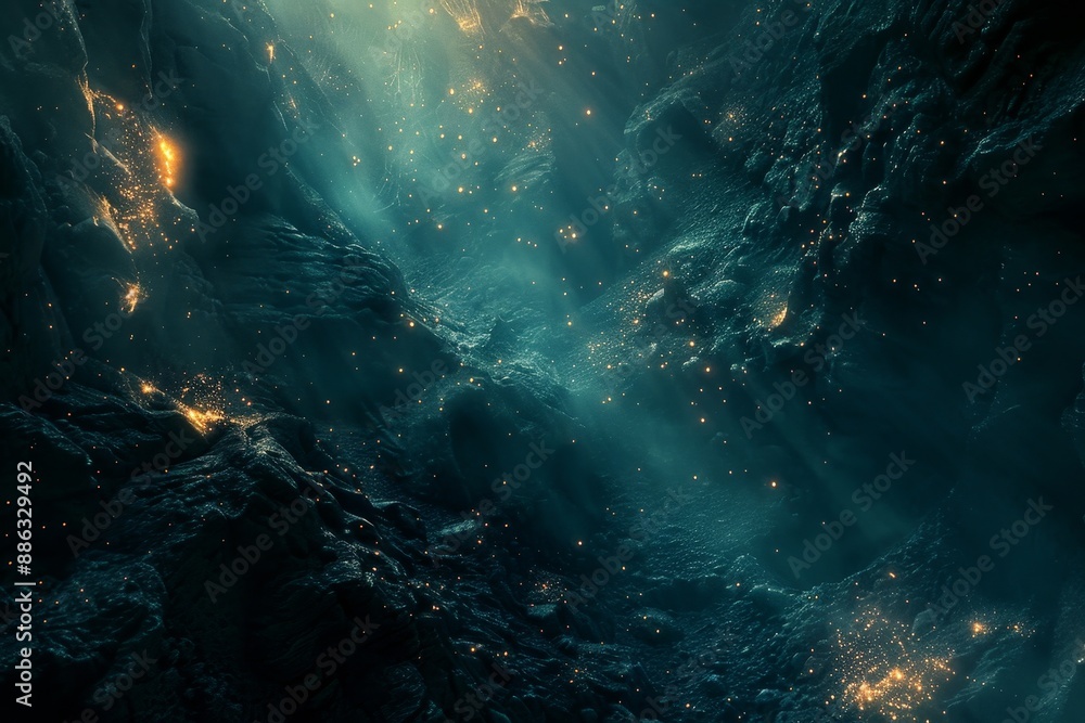 Fototapeta premium A dark cave illuminated by mysterious glowing lights, revealing hidden depths and unknown secrets, Deep, dark abyss with hints of glowing light