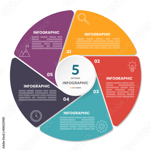 Circle shape infographic chart template with 5 options.