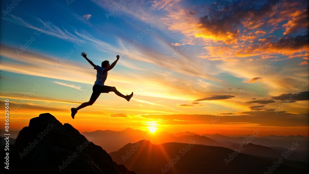 Silhouette of person jumping on top of mountain at sunset , adventure, achievement, success, energy, freedom, outdoors Silhouette of person jumping on top of mountain at sunset , adventure, achievement, success, energy, freedom, outdoors