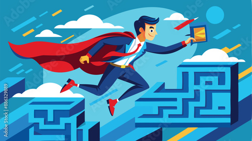 Superhero Businessman Flying to Solve Complex Maze Puzzle with Expertise