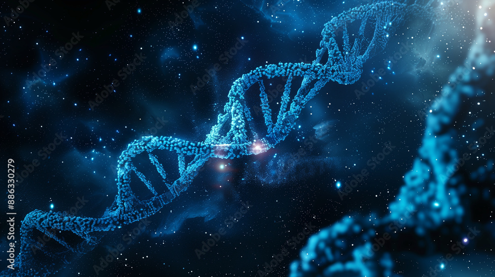 blue DNA double helix in space with glowing particles, background blue DNA double helix in space with glowing particles, background