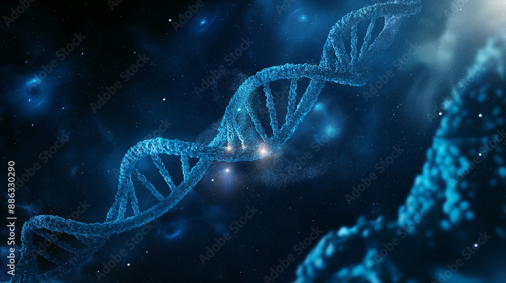 blue DNA double helix in space with glowing particles, background blue DNA double helix in space with glowing particles, background