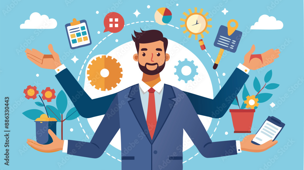 Smart Businessman Juggling Multiple Tools for Enhanced Work Productivity, Efficiency, and Effective Project Management Smart Businessman Juggling Multiple Tools for Enhanced Work Productivity, Efficiency, and Effective Project Management