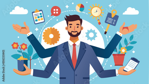 Smart Businessman Juggling Multiple Tools for Enhanced Work Productivity, Efficiency, and Effective Project Management