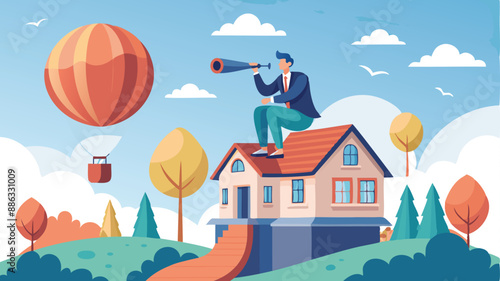 Rising Home Mortgage Interest Rates: House Owner with Telescope on Flying Balloon House Exploring Real Estate Investment Opportunities